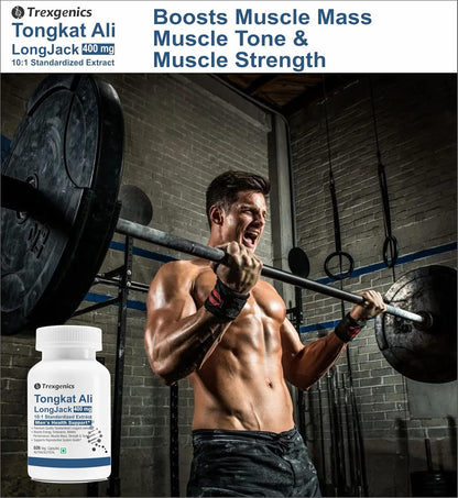 Trexgenics TONGKAT ALI LONGJACK 10:1 extract 400 mg Premium Men's Health Energy, Endurance, Athletic Performance Support (60 Veg. Capsules) (Pack of 1)