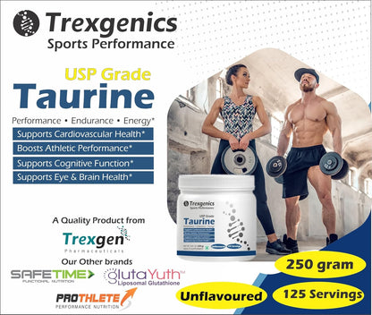 Trexgenics TAURINE USP grade PURE POWDER Nervous System, Energy, Heart, Cardiovascular system, Brain, Eye Health Support (250 GRAM)