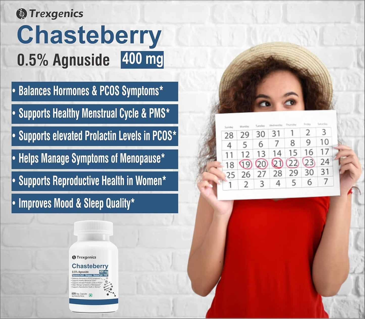 Trexgenics CHASTEBERRY 0.5% Agnuside 400 mg Reproductive System Health, Menopause, Menstrual Cycle, Prolactin & PCOS Support VEGAN & NON-GMO (60 Vcaps) (Pack of 1)