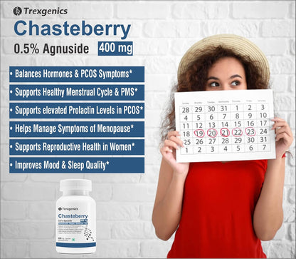 Trexgenics CHASTEBERRY 0.5% Agnuside 400 mg Reproductive System Health, Menopause, Menstrual Cycle, Prolactin & PCOS Support VEGAN & NON-GMO (60 Vcaps) (Pack of 1)