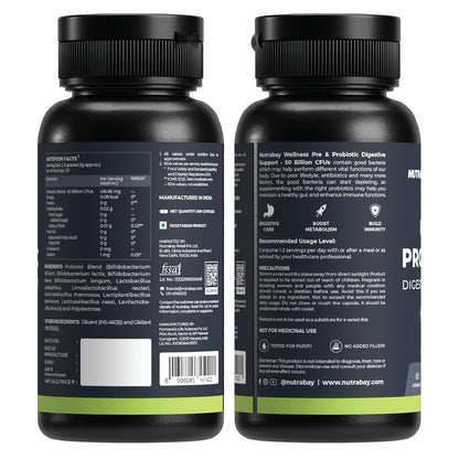 Nutrabay Wellness Pre & Probiotic Digestive Support 50 Billion CFUs - Improves Digestion & Immunity, Probiotic Supplement for Men and Women - 60 Veg Capsules