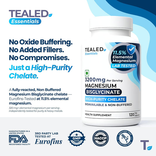 Tealed Magnesium Bisglycinate 3200mg | Non-Buffered | Chelated | Lab-Tested | Eurofins | 320mg Elemental Magnesium | No Fillers & Preservatives | Supports Muscle Relaxation & Sleep Quality | 120 Veg Caps
