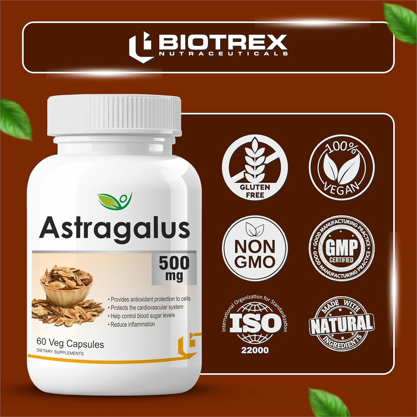 Biotrex Nutraceuticals Astragalus 500mg Supplement | Heart & Kidney Health | Immunity Booster & Adaptogen | Antioxidant | Enhances Strength & Atheletic Performance | 60 Veg Capsules