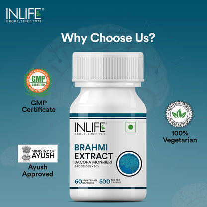 INLIFE Brahmi Capsules 500mg | Bacopa Monnieri Extract | Bacosides > 20% I Ayurvedic Herbal Supplement - 60 Vegetarian Capsules (Pack of 1)