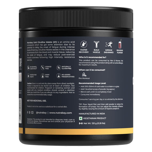 Nutrabay Gold Citrulline Malate 2:1 Supplement Powder 120g, Cola Flavor â€“ Boosts Nitric Oxide â€“ Pre Workout for Muscle Pump, Improved Endurance & Recovery | Tested for Purity | No Banned Substances
