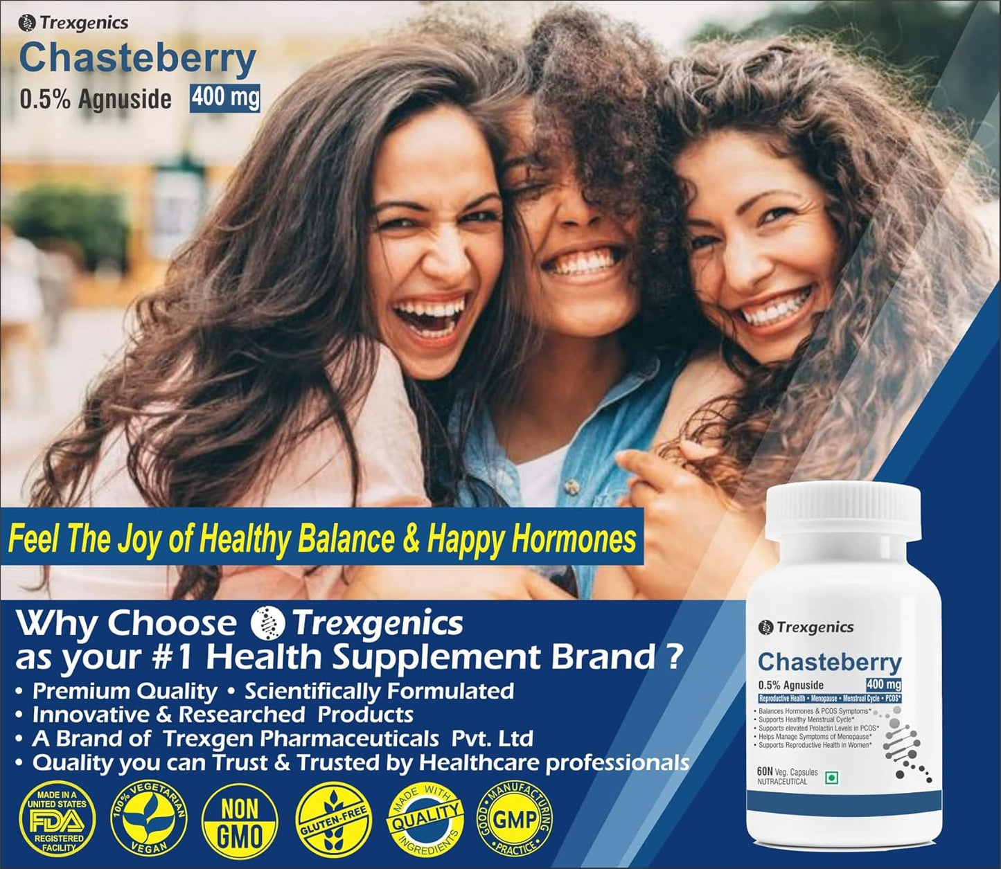 Trexgenics CHASTEBERRY 0.5% Agnuside 400 mg Reproductive System Health, Menopause, Menstrual Cycle, Prolactin & PCOS Support VEGAN & NON-GMO (60 Vcaps) (Pack of 1)