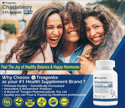 Trexgenics CHASTEBERRY 0.5% Agnuside 400 mg Reproductive System Health, Menopause, Menstrual Cycle, Prolactin & PCOS Support VEGAN & NON-GMO (60 Vcaps) (Pack of 1)