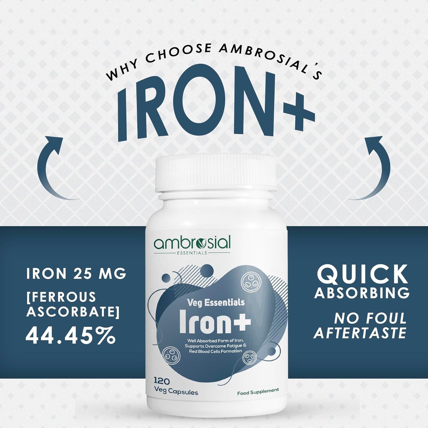Ambrosial Iron Tablets High Strength 25mg| Iron Supplement for Women & Men| Blood Support & Helps Reduce Tiredness & Fatigue | Enhanced Absorption & Non - Constipating (Pack of 1-120 Capsules)