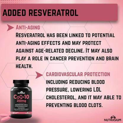 Nutrasium Co Enzyme Q-10 250 mg With Resveratrol | CoQ-10 Supplemets | For Heart & Vascular Health, Cellular Energy Boost, Potent AntiOxidant | 60 Veg Tablets (60 Veg Tablets, Co-Q10)