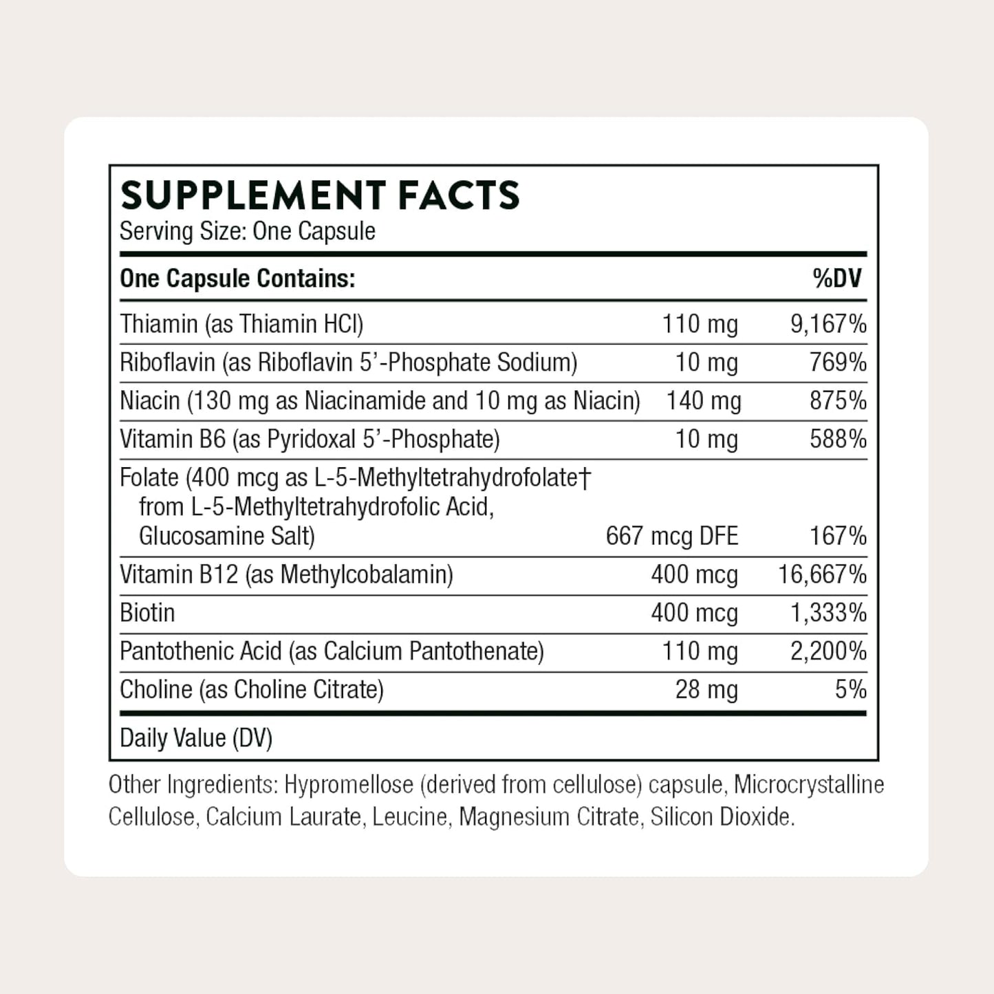 THORNE - Basic B-Complex - Tissue-Ready Vitamin B Complex Supplement with Choline - Supports Cellular Energy Production, Brain Health & Red Blood Cell Formation* - Gluten-Free - 60 Servings