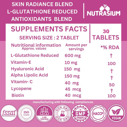 Nutrasium L-Glutathione 600 mg with Hyaluronic Acid & Biotin | For Skin Glow, Brightening, Hydration, & Skin Radiance, Reduce Dark Spot & Pigmentation | 30 Tablets