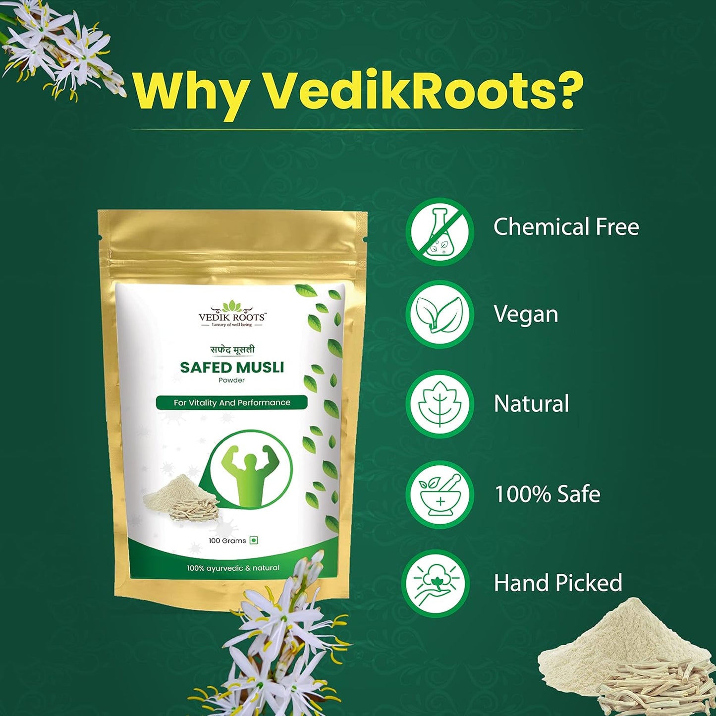 Safed Musli Root Powder | Natural | Herbal Supplement | Immunity Booster | Strength and Vitality- 100 Gram (Pack of 1)