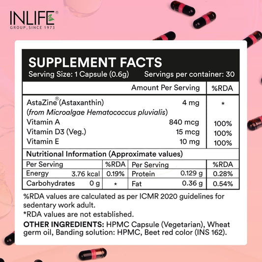 INLIFE Astaxanthin 4 mg Supplement AstaZine | Natural Antioxidant Supplement with Vitamin A, D3 & E â€“ High Absorption Formula â€“ 30 Liquid Filled Vegetarian Capsules