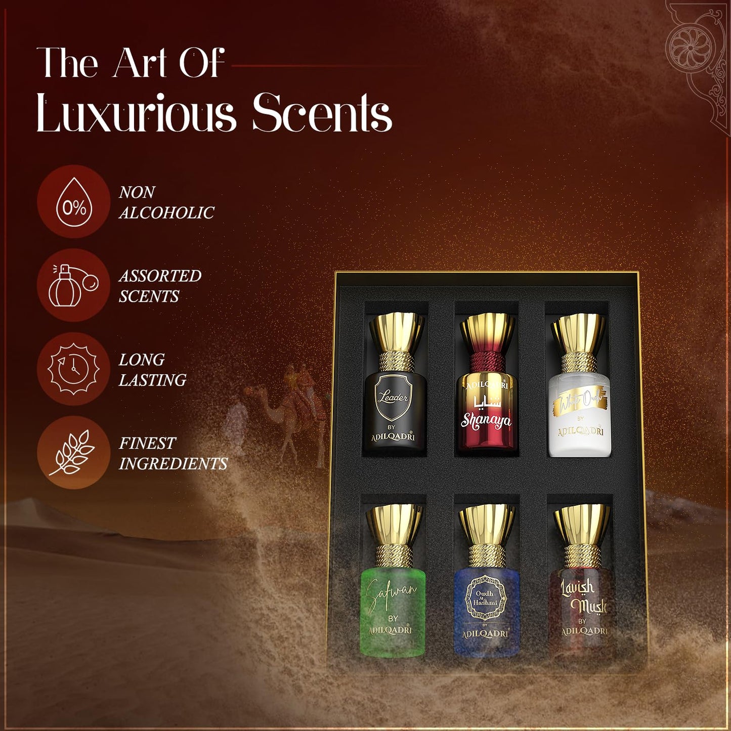 Adilqadri Assorted Luxury Attar Combo Perfume Gift Set for Men & Women (Pack of 6) â€“ Non-Alcoholic Roll-On attar Collection | Long-Lasting Fragrance Set | Gift Hamper for Him & Her | Ideal for Special Occasions | 5.5ml Each
