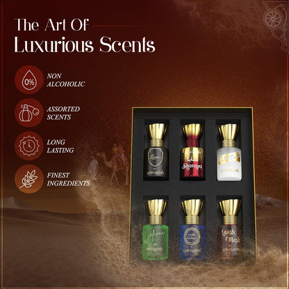 Adilqadri Assorted Luxury Attar Combo Perfume Gift Set for Men & Women (Pack of 6) â€“ Non-Alcoholic Roll-On attar Collection | Long-Lasting Fragrance Set | Gift Hamper for Him & Her | Ideal for Special Occasions | 5.5ml Each