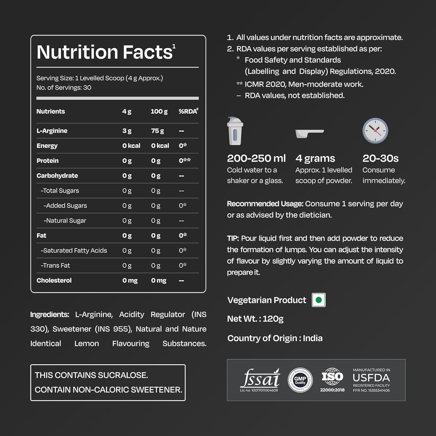 Nutrabay Gold L-Arginine Supplement Powder 120g, Lemon Flavor â€“ Pre Workout Amino Acid for Endurance, Muscle Building & Faster Recovery| Tested for Purity | 100% Authentic