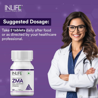 INLIFE ZMA (Zinc Magnesium Aspartate & Vitamin B6) For Men And Women | For Muscle Strength, Recovery, Sleep, Immune Support - 60 Tablets (Pack of 1)