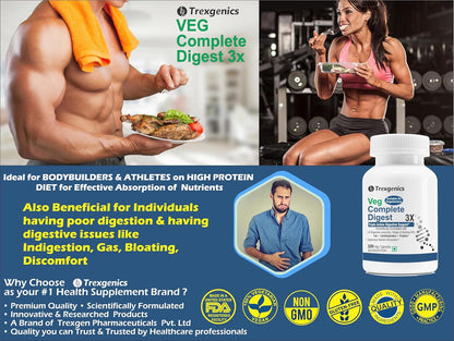Trexgenics VEG COMPLETE DIGEST 3X, 100% Vegetarian Triple Action Digestive Support for Fat, Carbohydrates & Protein with 14 Enzymes, Ginger and Betaine HCL (30 Veg. Capsules) (Pack of 1)