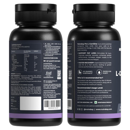 Nutrabay Pro L-Carnitine Fat Burner 1000mg per Capsule â€“ Pre Workout Supplement â€“ 60 Veg Tablets| Tested for Purity | 100% Authentic Metabolism Booster for Weight Loss Support