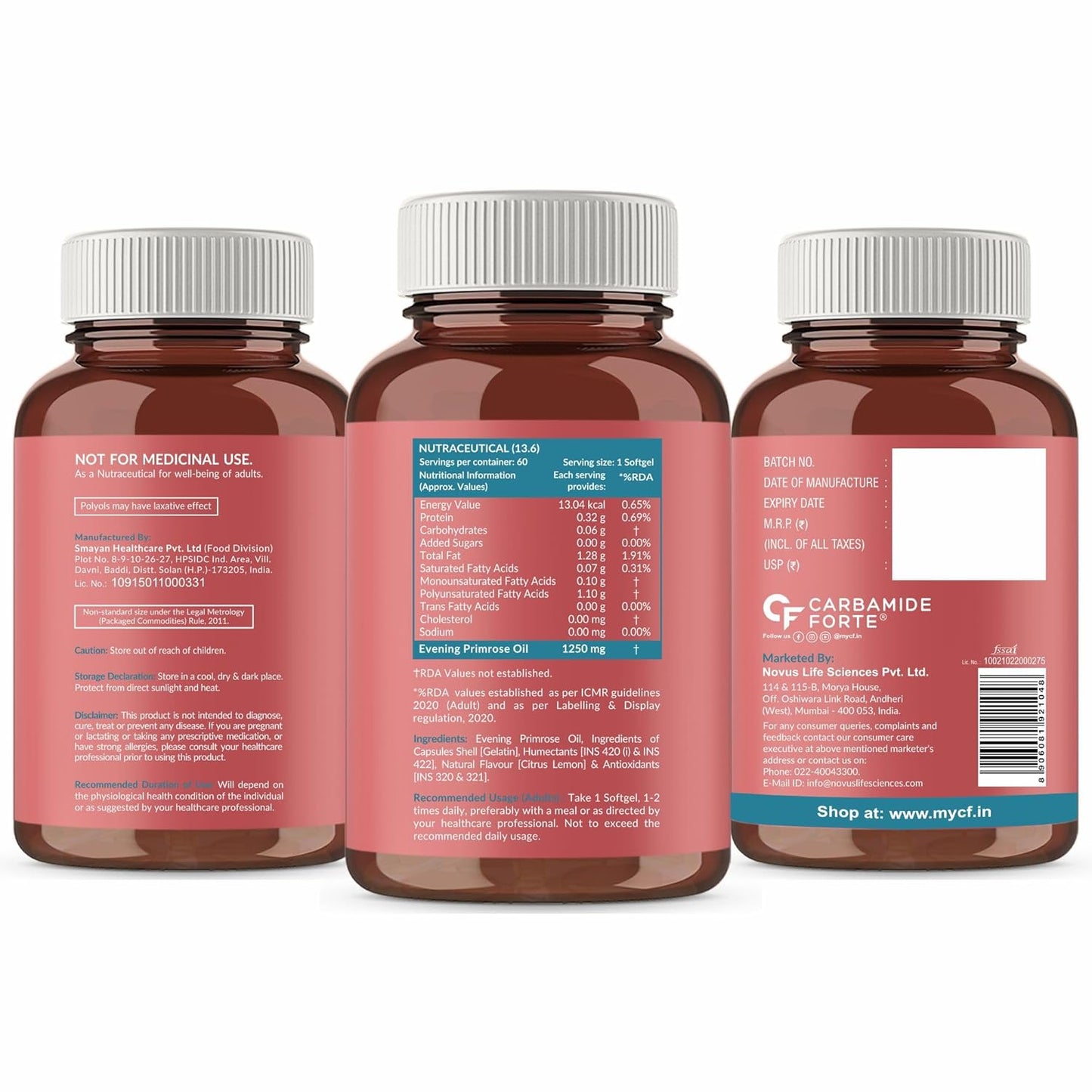 Carbamide Forte Evening Primrose Oil Capsules 1250mg For Women | Pure & Cold Pressed Primrose Oil Capsules | Evening Primrose Oil | Supplement for Hormonal Balance, Immunity & Skin Health | 60 Capsule