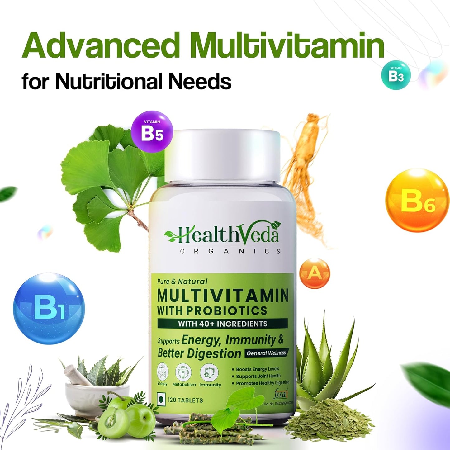 Health Veda Organics Multivitamin With Probiotics - 45 Ingredients Supplement For Men And Women | Vitamin C, D, E, B3, B5, B12, Zinc, Magnesium, Giloy & Biotin | Essential Vitamins & Minerals Blend - 120 Veg Tablets