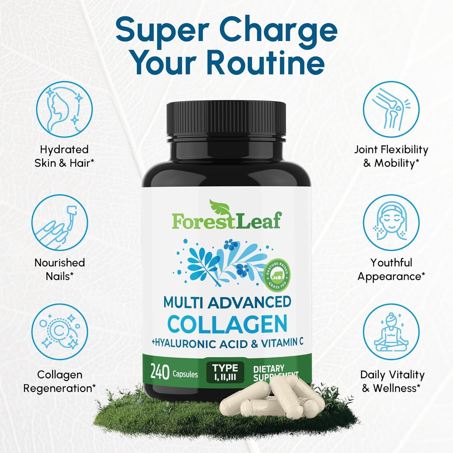 ForestLeaf Multi Collagen Pills - Collagen Men & Collagen Women - Hydrolyzed Collagen Supplements with Vitamin C & Hyaluronic Acid - Collagen Capsules for Hair, Skin & Nails (240 Peptide Capsules)