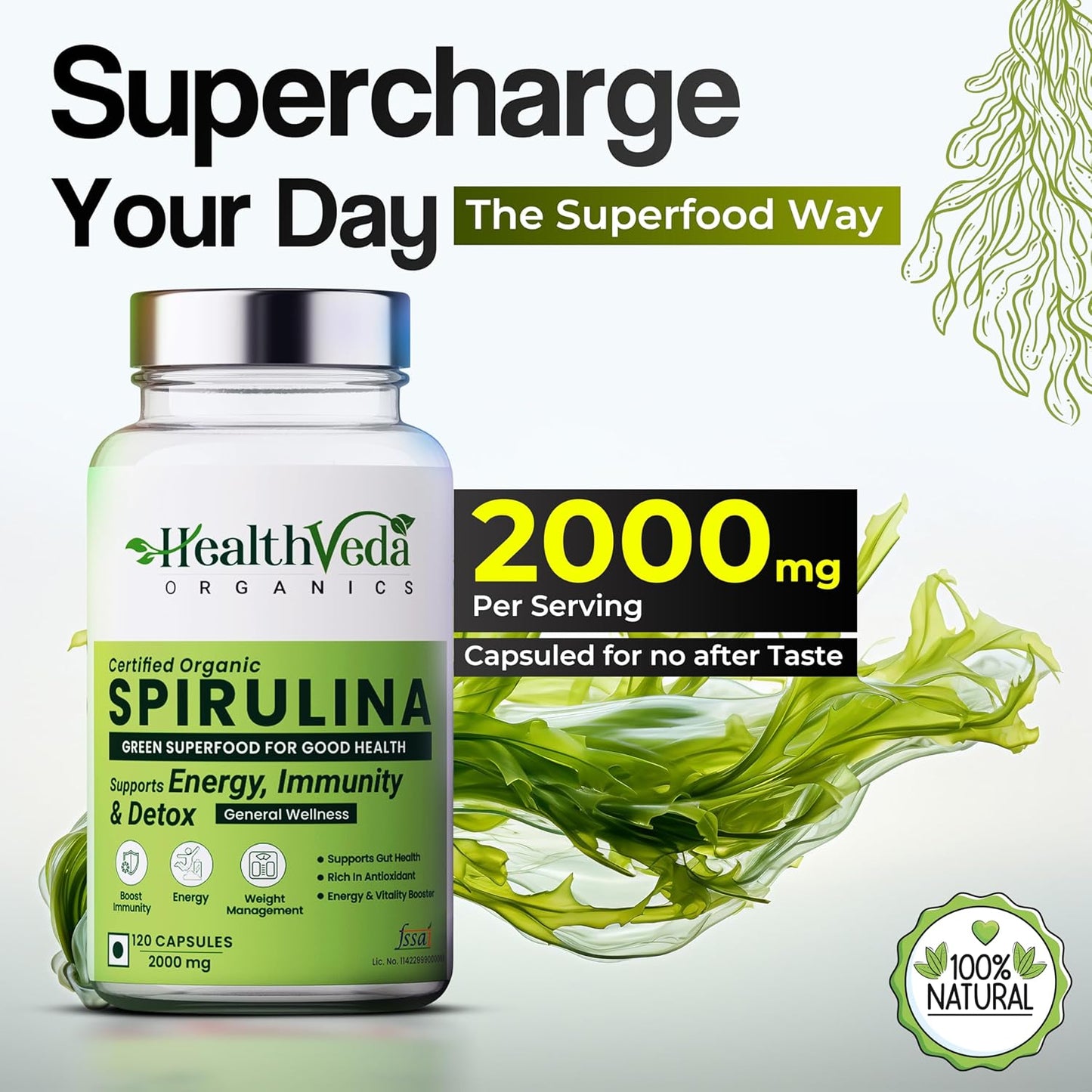 HEALTH VEDA ORGANICS PRIVATE LIMITED Plant Based Spirulina, 2000 mg | 120 Veg Capsules I Supports Weight Management & Boosts Immunity | For both Men & Women