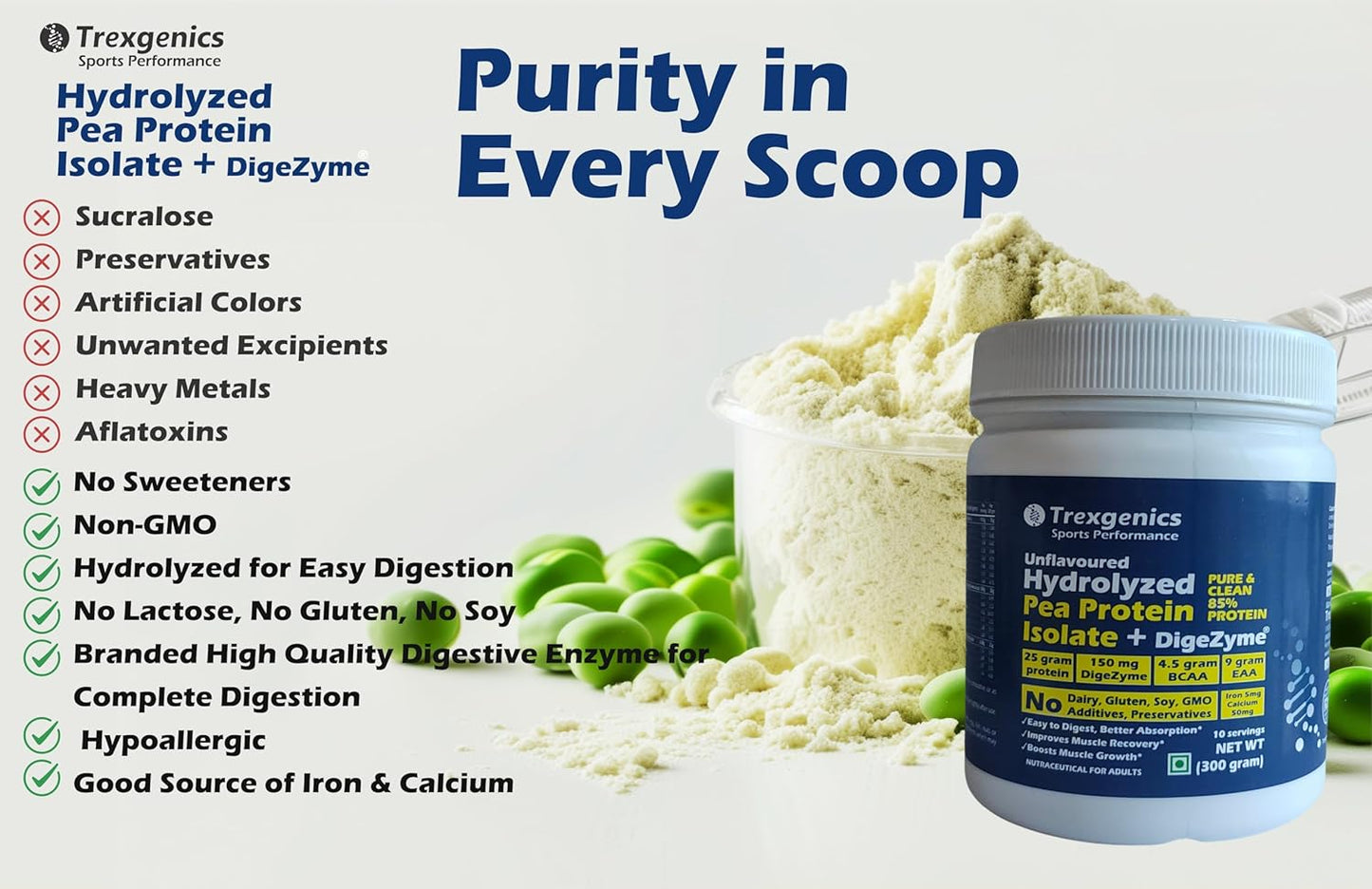 Trexgenics HYDROLYZED PEA PROTEIN ISOLATE UNFLAVOURED, Pure & Clean 25gm PROTEIN, 4.5 gm BCAA, 9 gm EAA with DigeZyme Digestive enzyme Complex, Muscle Growth 10 Servings (300 gram)