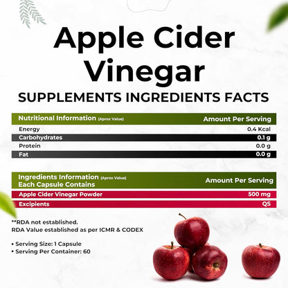 Health Veda Organics Apple Cider Vinegar 500 mg I 60 Veg Capsules I Weight Loss Management, Improves Cholesterol Levels & Supports Digestive Health I For both for Men & Women