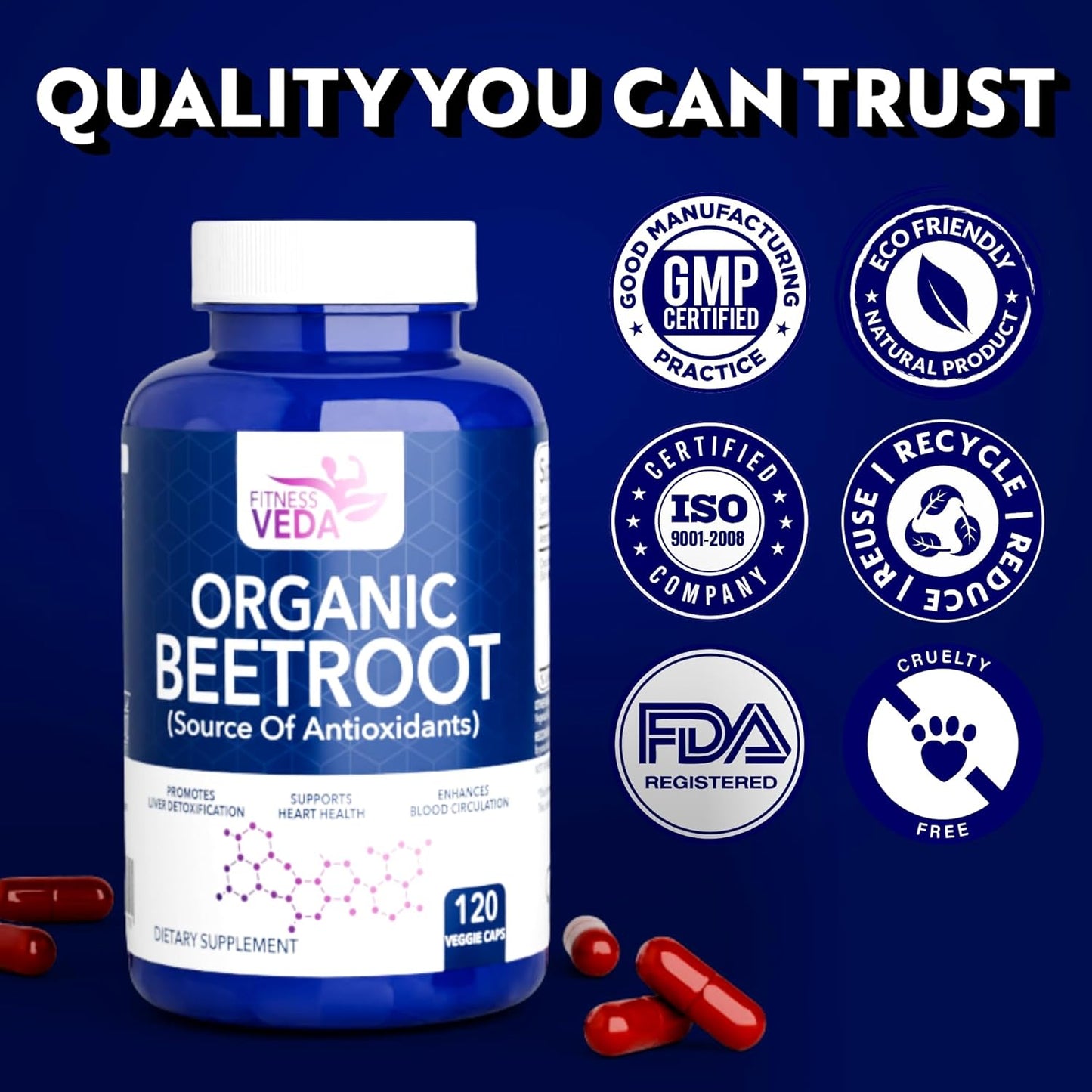 Fitness Veda Organic Beetroot Capsules â€“ 120 Veg Capsules - Heart Health, Blood Pressure & Endurance Support â€“ Rich Antioxidant Capsule - Natural Superfood Supplement â€“ Non-GMO, Gluten-Free