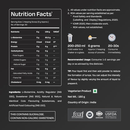 Nutrabay Gold L-Glutamine Supplement Powder 180g, Cola Flavor â€“ Post Workout Amino Acid for Muscle Growth & Recovery | 100% Authentic Supplement | No Banned Substances | Tested for Purity