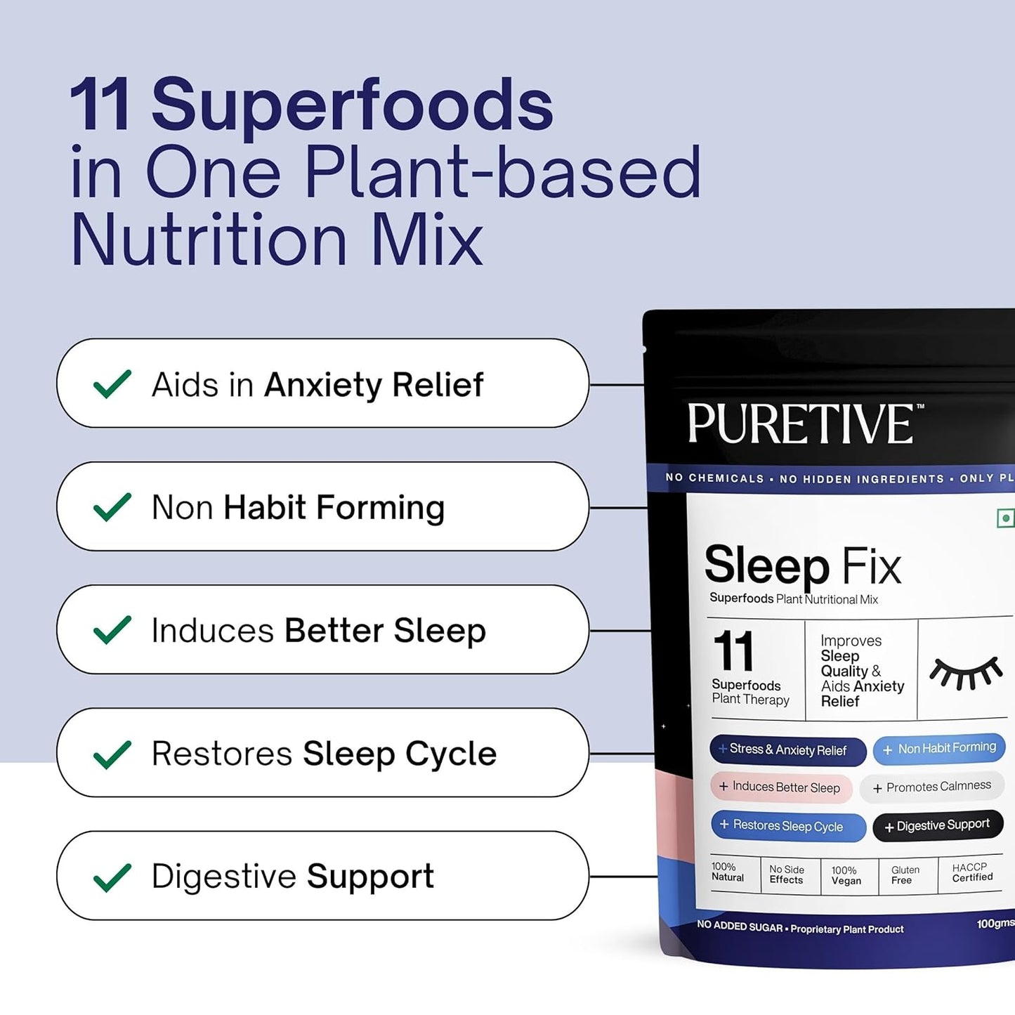 Puretive Sleep Fix Superfoods Mix | Natural Melatonin | Plant Based for Men & Women| For Deep Sleep, Stress Relief with Tagar, Ashwagandha Root, Reishi Mushroom | 100% PURE, Vegan | 100gms