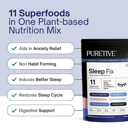 Puretive Sleep Fix Superfoods Mix | Natural Melatonin | Plant Based for Men & Women| For Deep Sleep, Stress Relief with Tagar, Ashwagandha Root, Reishi Mushroom | 100% PURE, Vegan | 100gms