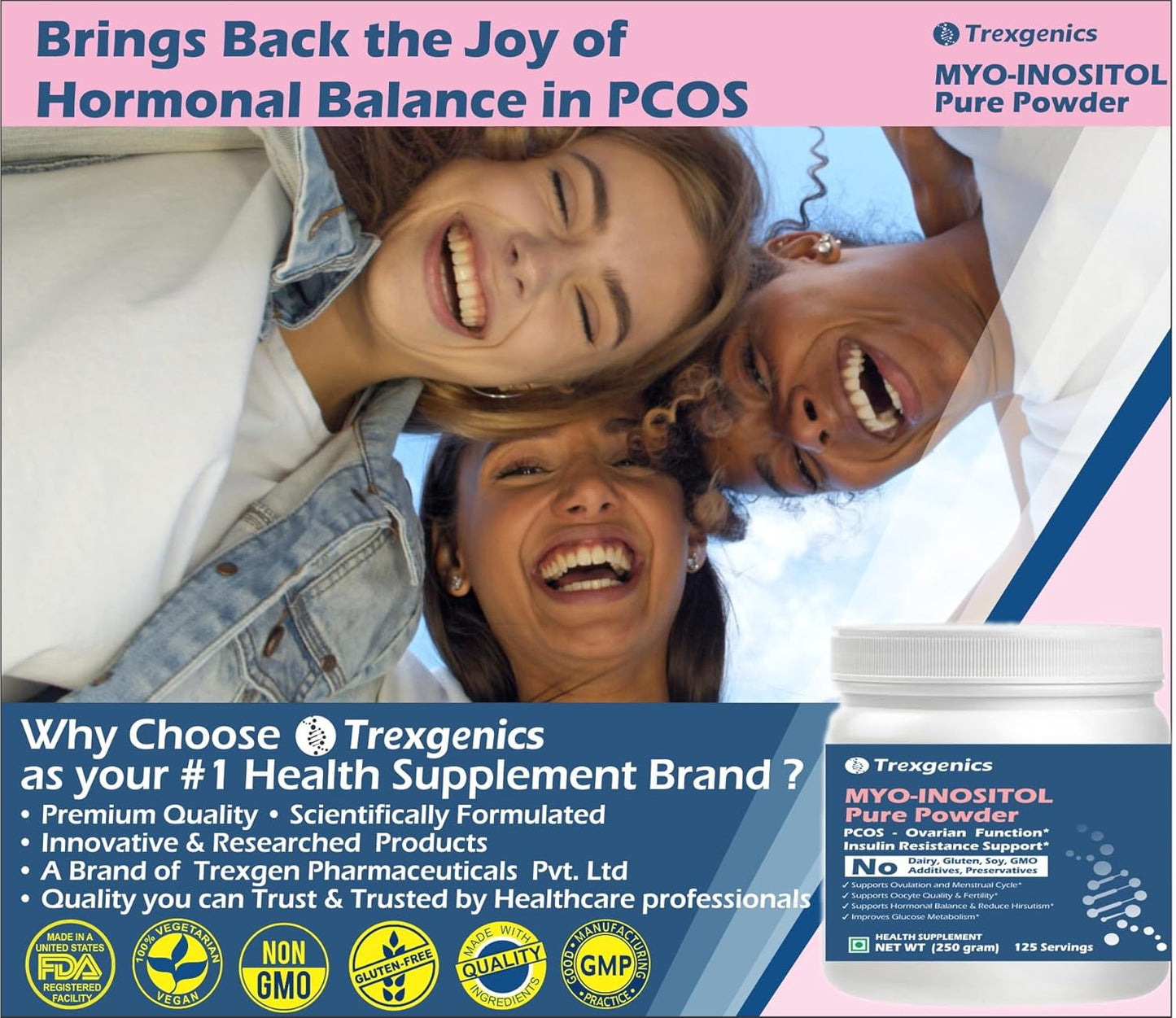 Trexgenics MYO-INOSITOL PURE POWDER, PCOS, Ovarian Function, Insulin Resistance, Hormonal Balance, Menstrual Cycle, Metabolism 125 servings (250 gram) (Pack of 1)