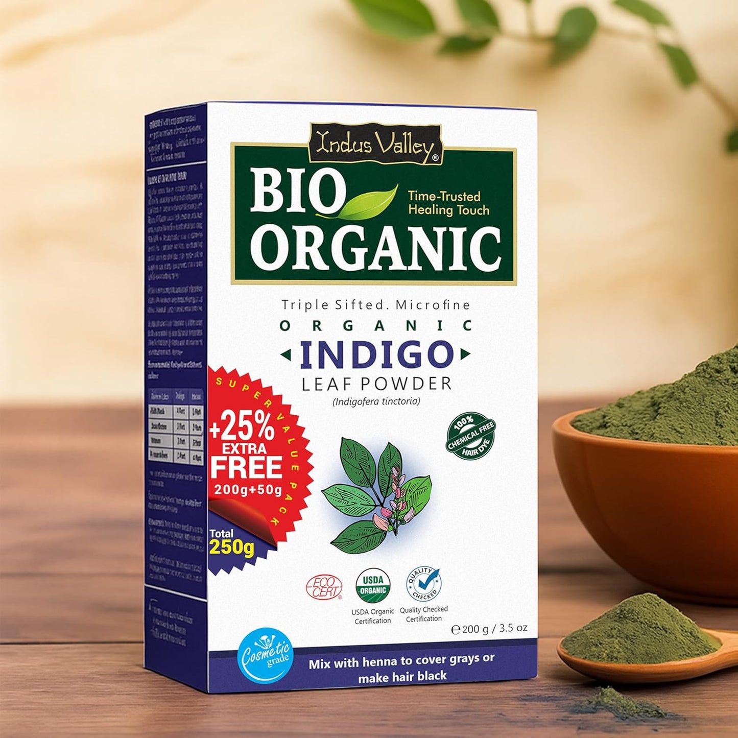 Indus Valley Bio Organic 100% Organic and Herbal Indigo Powder, for Natural Hair Coloring, Arrests Early Greying & Protects hair from Damage (200g+50g)
