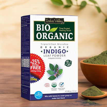 Indus Valley Bio Organic 100% Organic and Herbal Indigo Powder, for Natural Hair Coloring, Arrests Early Greying & Protects hair from Damage (200g+50g)