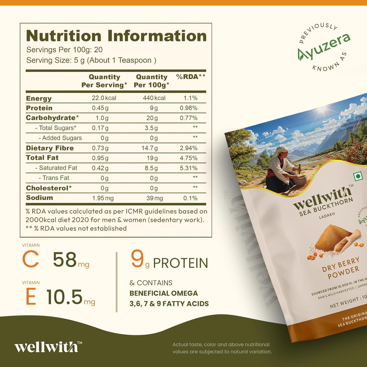 Wellwith by Ayuzera Sea buckthorn Berry Skin Powder 100g | Rich in Vitamin C | No oil | Edible | Fiber, Omegas | Dry Seabuckthorn Himalayan Berry Powder | Pack of 1
