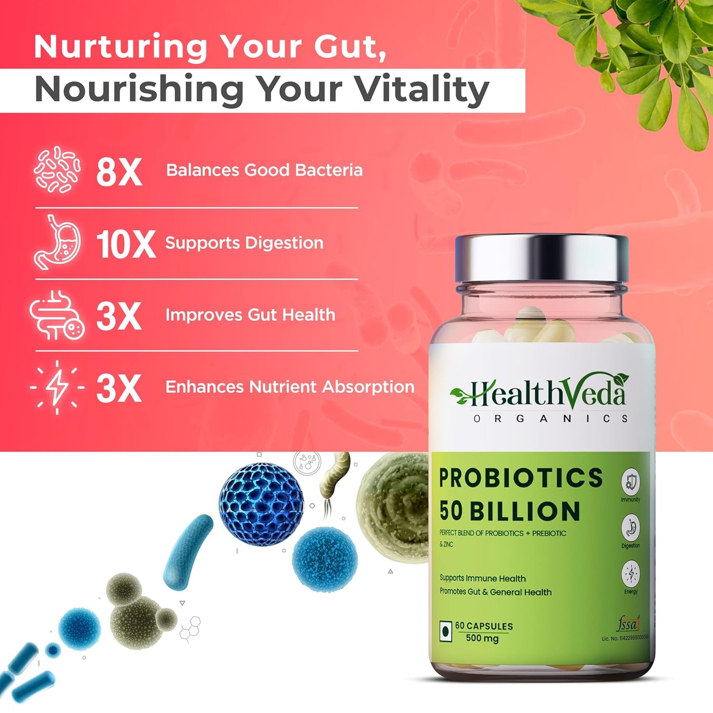 HEALTH VEDA ORGANICS PRIVATE LIMITED Probiotics 50 Billion Cfu Multi-Strains With Prebiotic | Good Digestive, Gut Health, Diarrhea, Gas & Bloating Support | Men And Women - 60 Vegetarian Capsules