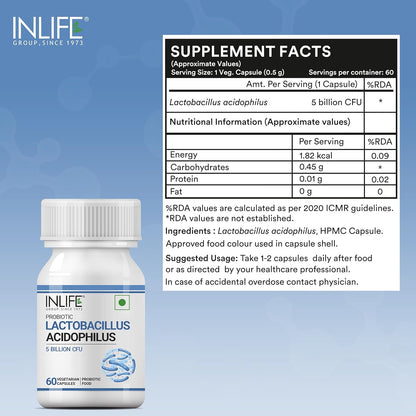 INLIFE Probiotic Lactobacillus Acidophilus 5 billion CFU | Gut Health Supplement for Men Women | Digestive Health, Supports Immunity |With Probiotic Balance â€“ 60 Veg Capsules (Pack of 1, 60)