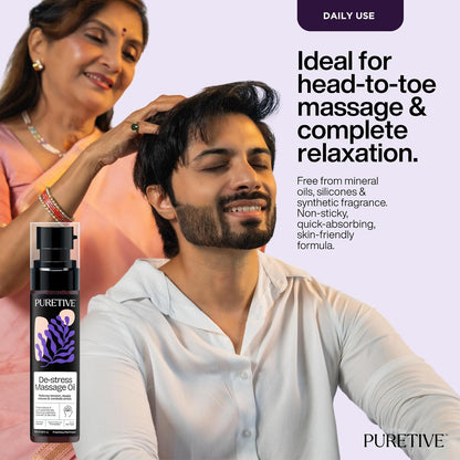 Puretive De Stress Massage Oil | Relieves Physical Tension | Deeply Relaxes | Hydrates | Stress Relief Massage Oil | Also for Couples I Deeply Nourishes & Calms the Body and Mind with a Blend of Pure Essential Oils | 100ML