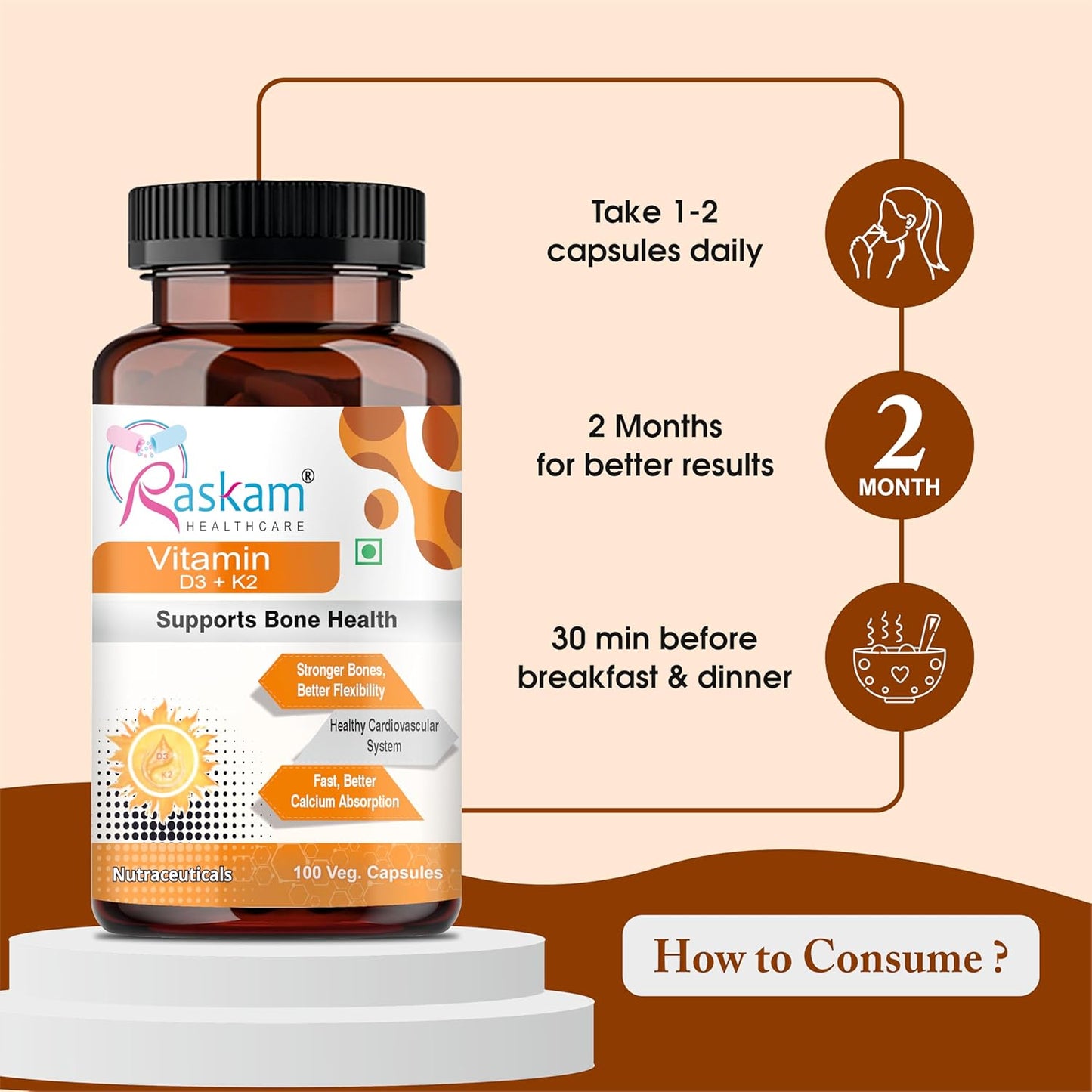 Vitamin D3 with K2-100 capsules- Supports Stronger Immunity & Bone & Heart Health | Healthy Heart For Men And Women