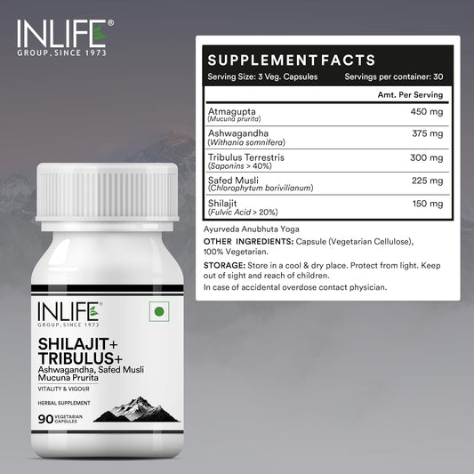 INLIFE Shilajit with Safed Musli | Ashwagandha, Tribulus (Gokshura) Capsules For Men and Women | Strength and Stamina | Ayurvedic Wellness Supplement - 90 Vegetarian Capsules
