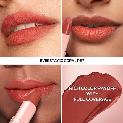 RENEE Everstay Long Stay Matte Lipstick - Coral Pep, Hydrating & Non-Drying, Smudge-Proof, Lightweight, Long Lasting, Intense Pigment, Full Coverage, Vitamin E Infused, For All Occasions, 4.2g