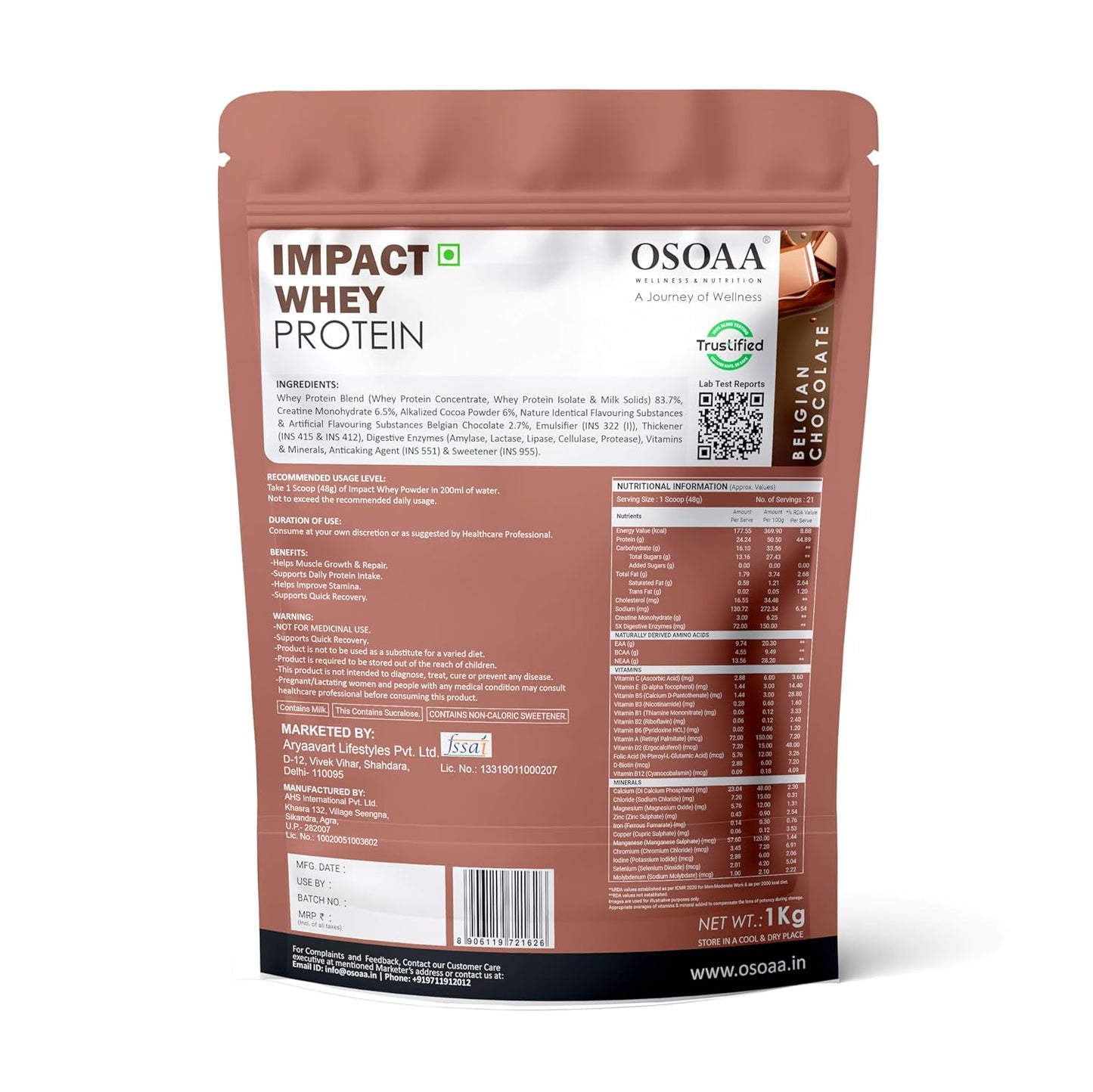 OSOAA Impact Whey Protein 1kg- Belgian Chocolate | Isolate & Concentrate | 24g Protein & 3g Creatine with 5X Digestive Enzymes | Trustified Certified & NABL Lab Tested