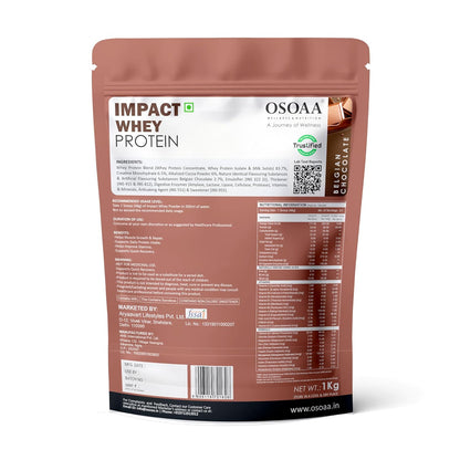 OSOAA Impact Whey Protein 1kg- Belgian Chocolate | Isolate & Concentrate | 24g Protein & 3g Creatine with 5X Digestive Enzymes | Trustified Certified & NABL Lab Tested