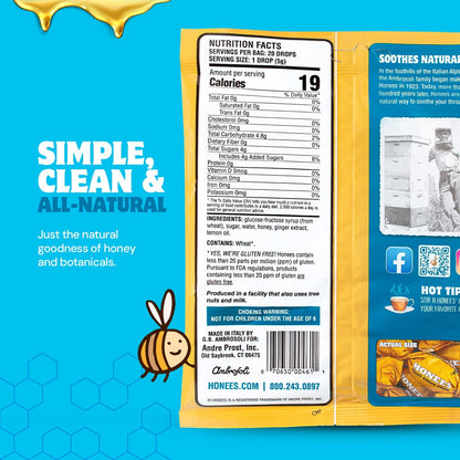 Honees Filled Honey Ginger Drops, Natural Cough Drops- Pure Ginger Sore Throat Relief - Nothing Artificial -Throat Coat Lozenges, Natural Cough Suppressant, Non-GMO, Gluten Free (1 Pack â€“ 20 Drops)
