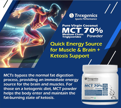 Trexgenics Pure MCT Medium Chain Triglycerides 70% Powder (from Virgin Cogonut) 70:30 C8:C10 Ratio, Rapid Energy, Ketosis Support (250 gram)