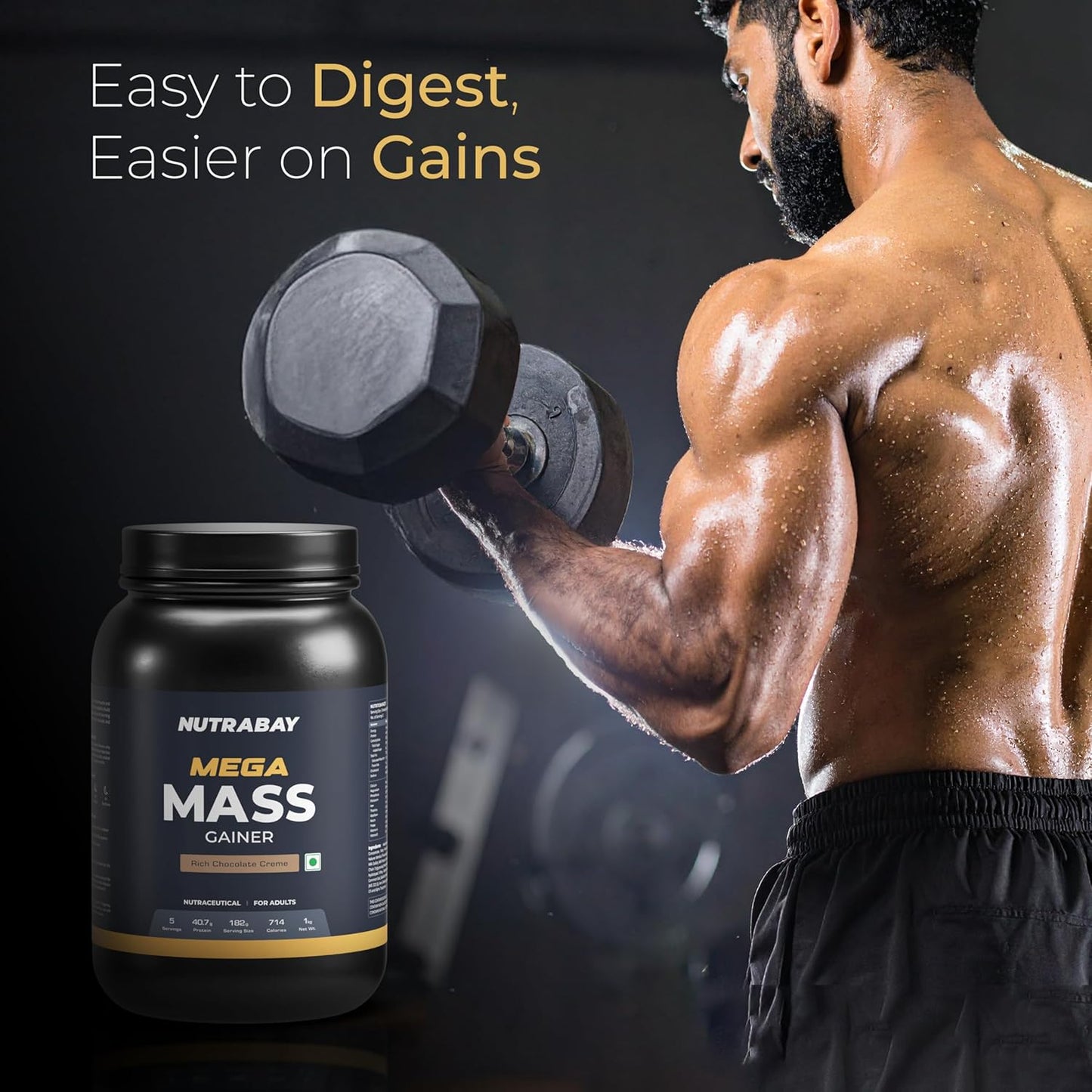 Nutrabay Gold Mega Mass Gainer Powder - 1kg, Rich Chocolate Creme | 100% Veg | 40.7g Protein, 122g Carbs, 714 Calories | Muscle Building & Weight Gainer Supplement for Men & Women