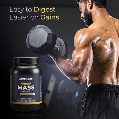 Nutrabay Gold Mega Mass Gainer Powder - 1kg, Rich Chocolate Creme | 100% Veg | 40.7g Protein, 122g Carbs, 714 Calories | Muscle Building & Weight Gainer Supplement for Men & Women