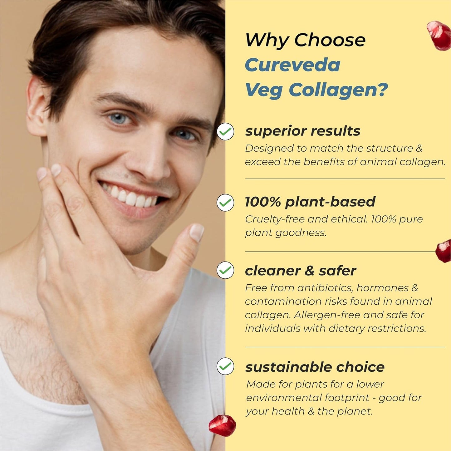 Cureveda Veg Collagen 5000mg Collagen Peptide with added Vitamin C & E, Grapeseed Extract For Healthy Skin, Hair & Nails | Men & Women - 150 gm Powder Unflavoured